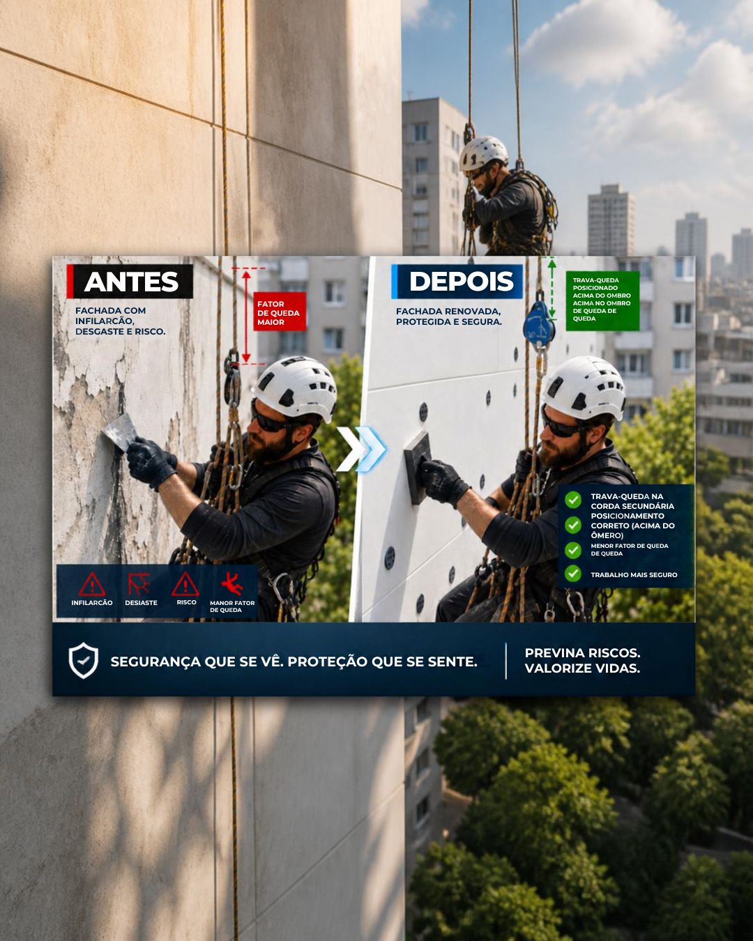 Peça conceitual de antes e depois de uma fachada, com profissional usando cordas