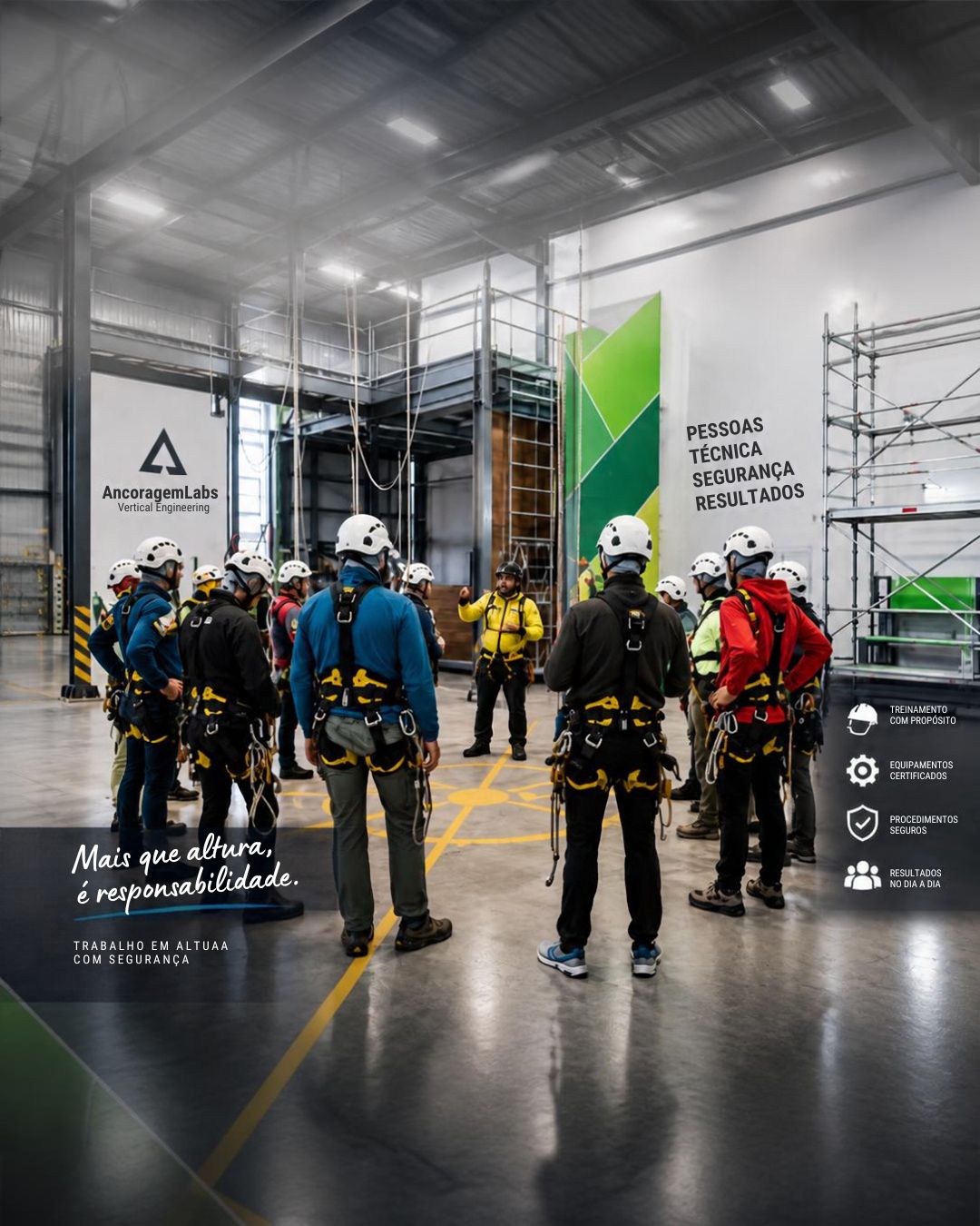 Arte ilustrativa de uma equipe reunida para treinamento de trabalho em altura